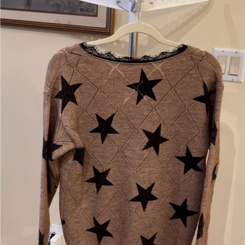 Women's Star Pattern Beige Sweater with Black Trim
